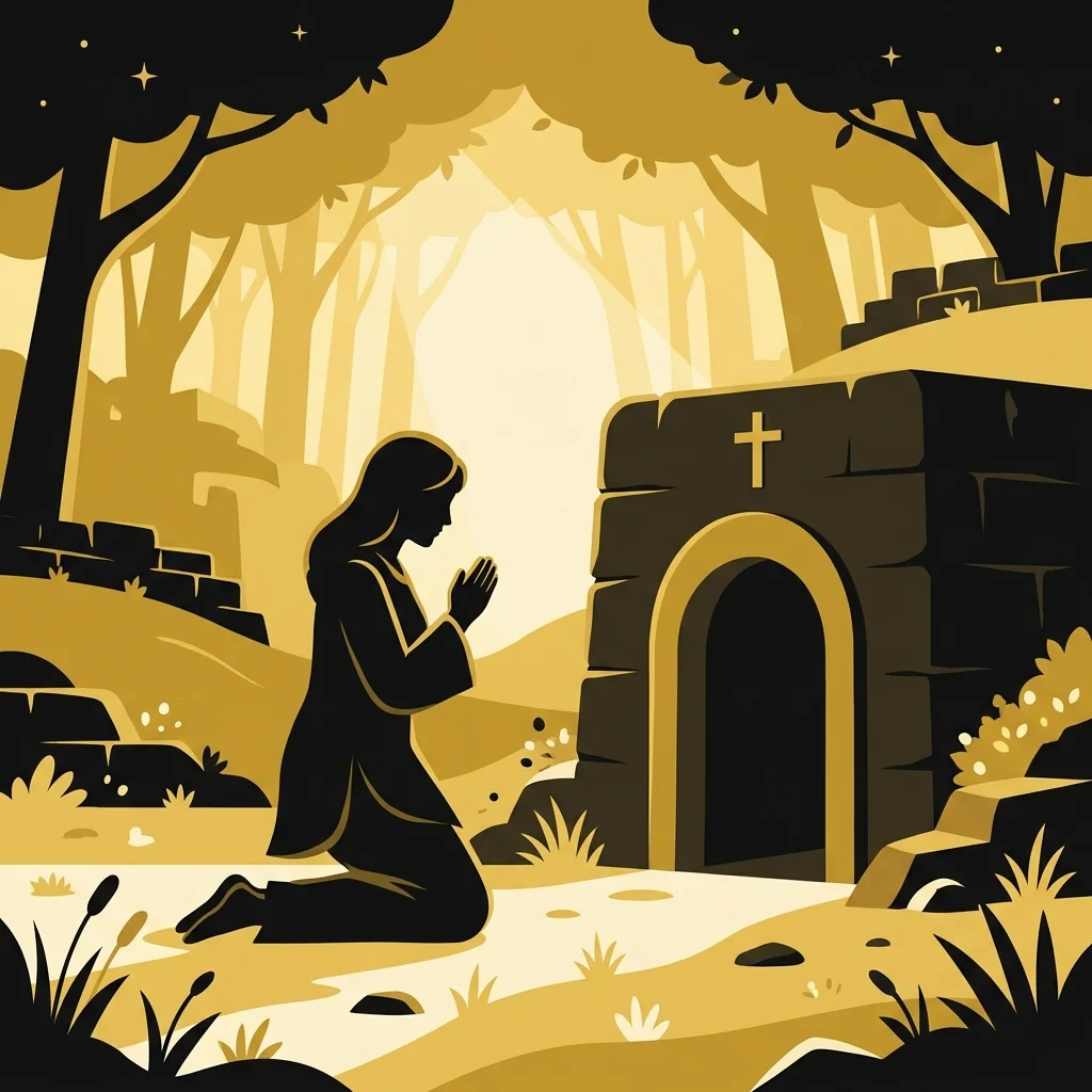 Ilustração cartoon em preto e dourado: Uma mulher ajoelhada diante de um túmulo vazio, luz dourada do amanhecer