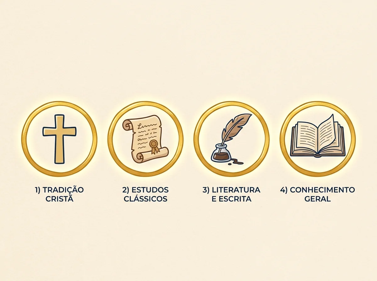 Comparação cartoon entre diferentes tradições teológicas de Bíblias de estudo profundo, com selo dourado de Voz da Bíblia