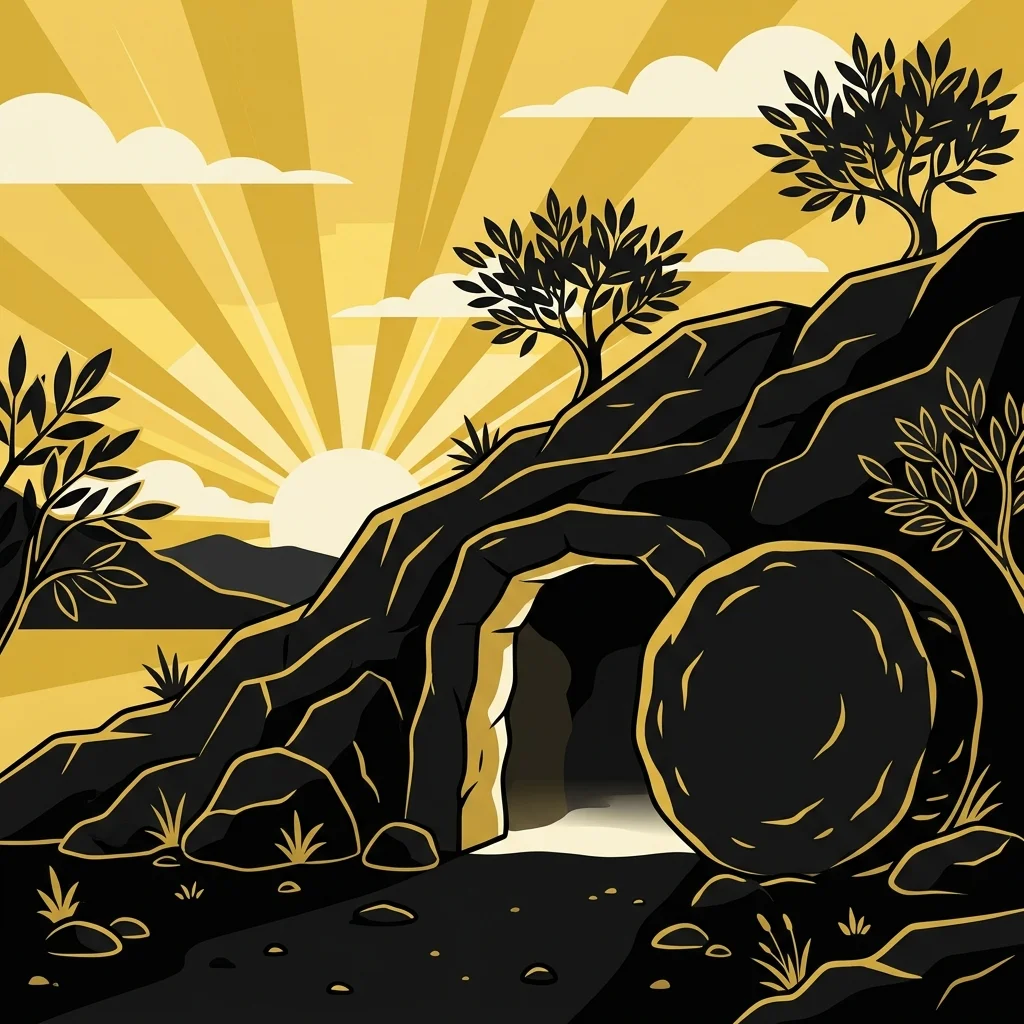 Ilustração cartoon em preto e dourado: Uma pedra rolada da entrada de um túmulo, raios dourados de sol nascente