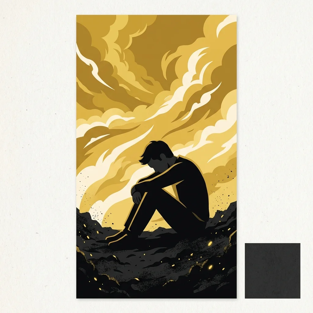 Ilustração cartoon em preto e dourado: Um homem sentado sobre cinzas, cabeça baixa, silhueta contra um céu tempestuoso dourado