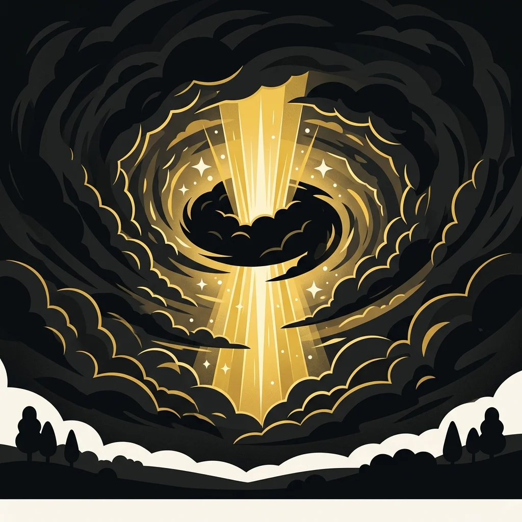 Ilustração cartoon em preto e dourado: Um redemoinho de nuvens escuras com um feixe de luz dourada rompendo o centro