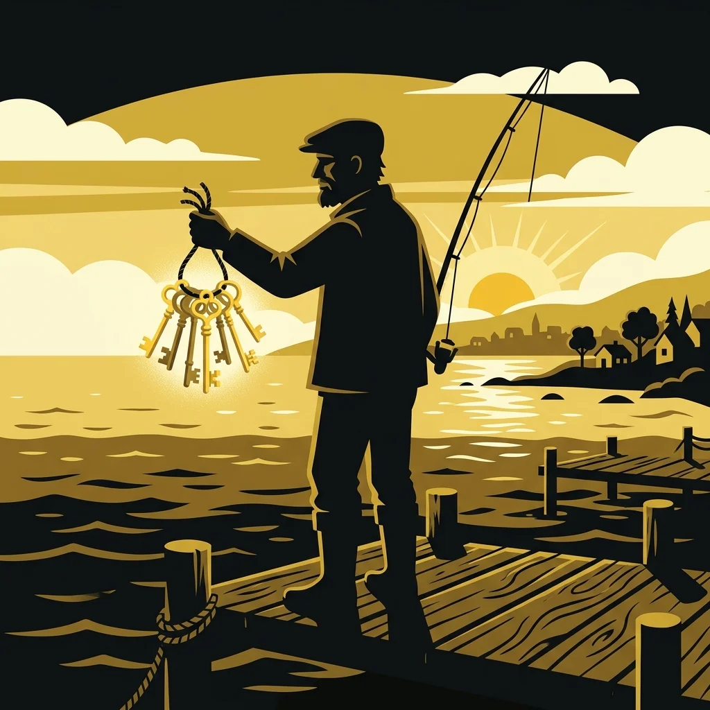 Ilustração cartoon em preto e dourado: Um pescador em silhueta segurando um molho de chaves douradas