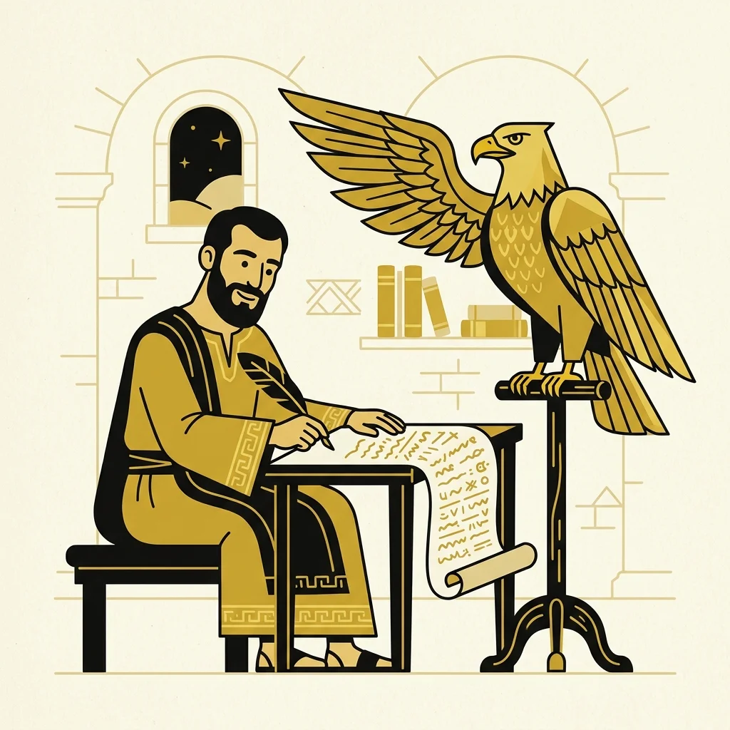 Ilustração cartoon em preto e dourado: Um homem escrevendo em um pergaminho, uma águia estilizada dourada ao lado