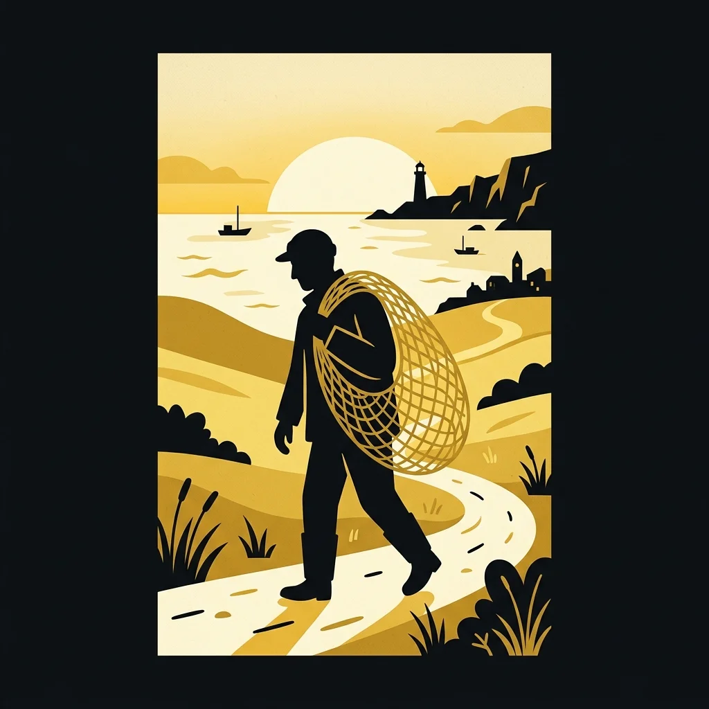 Ilustração cartoon em preto e dourado: Um homem carregando uma rede de pesca dourada sobre o ombro, silhueta simples