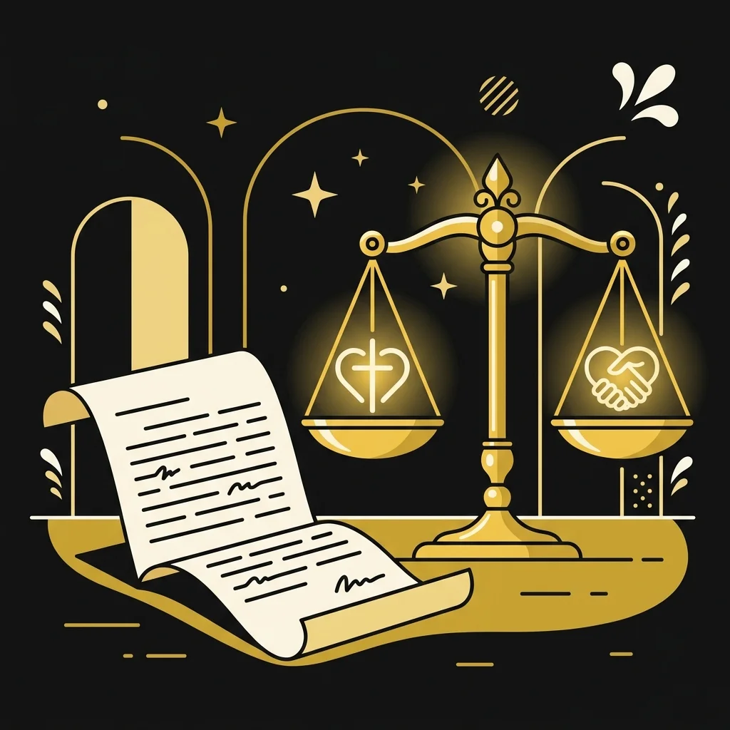 Ilustração cartoon em preto e dourado: Uma carta aberta ao lado de uma balança dourada equilibrada, símbolo de fé e obras