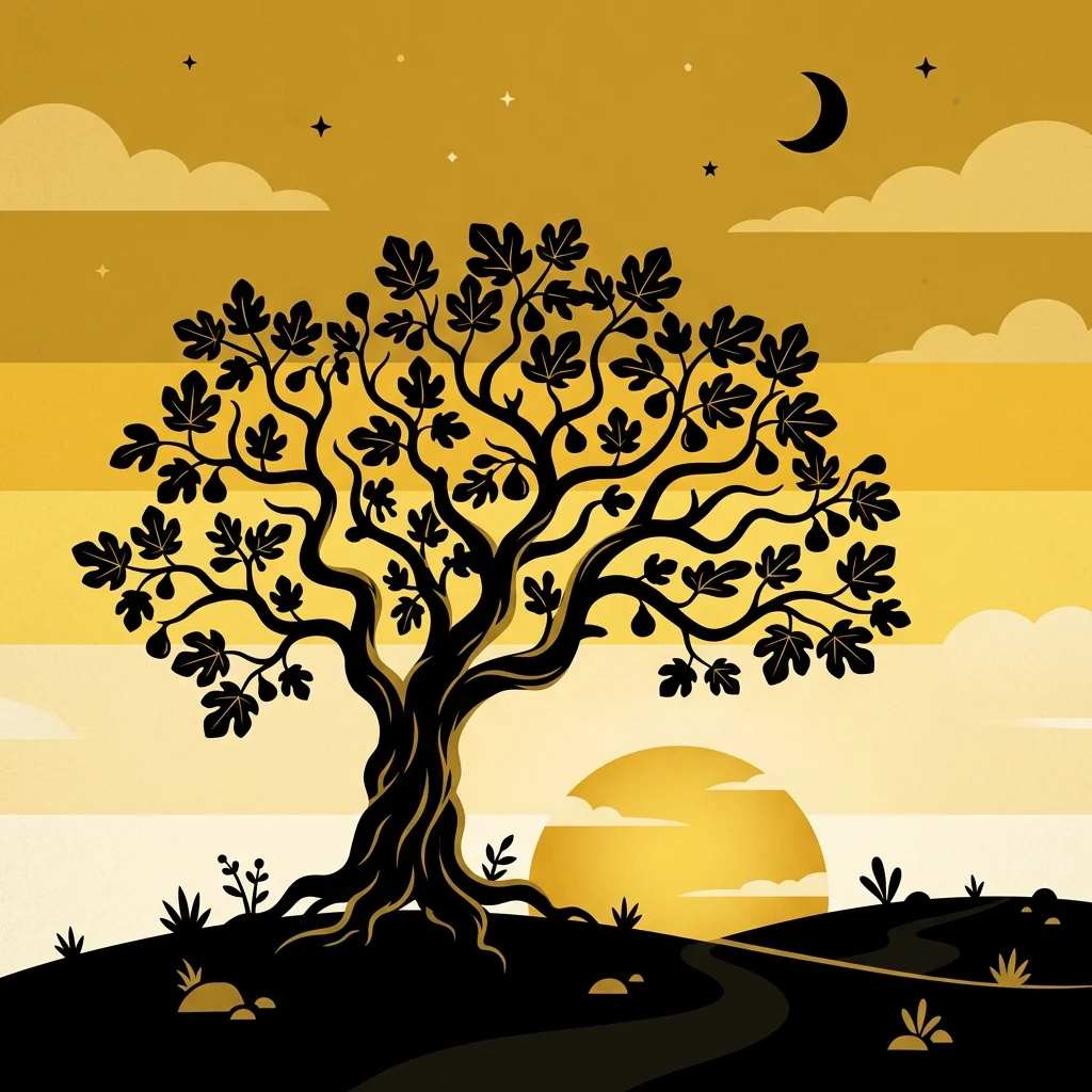 Ilustração cartoon em preto e dourado: Uma figueira em silhueta contra um céu dourado ao entardecer
