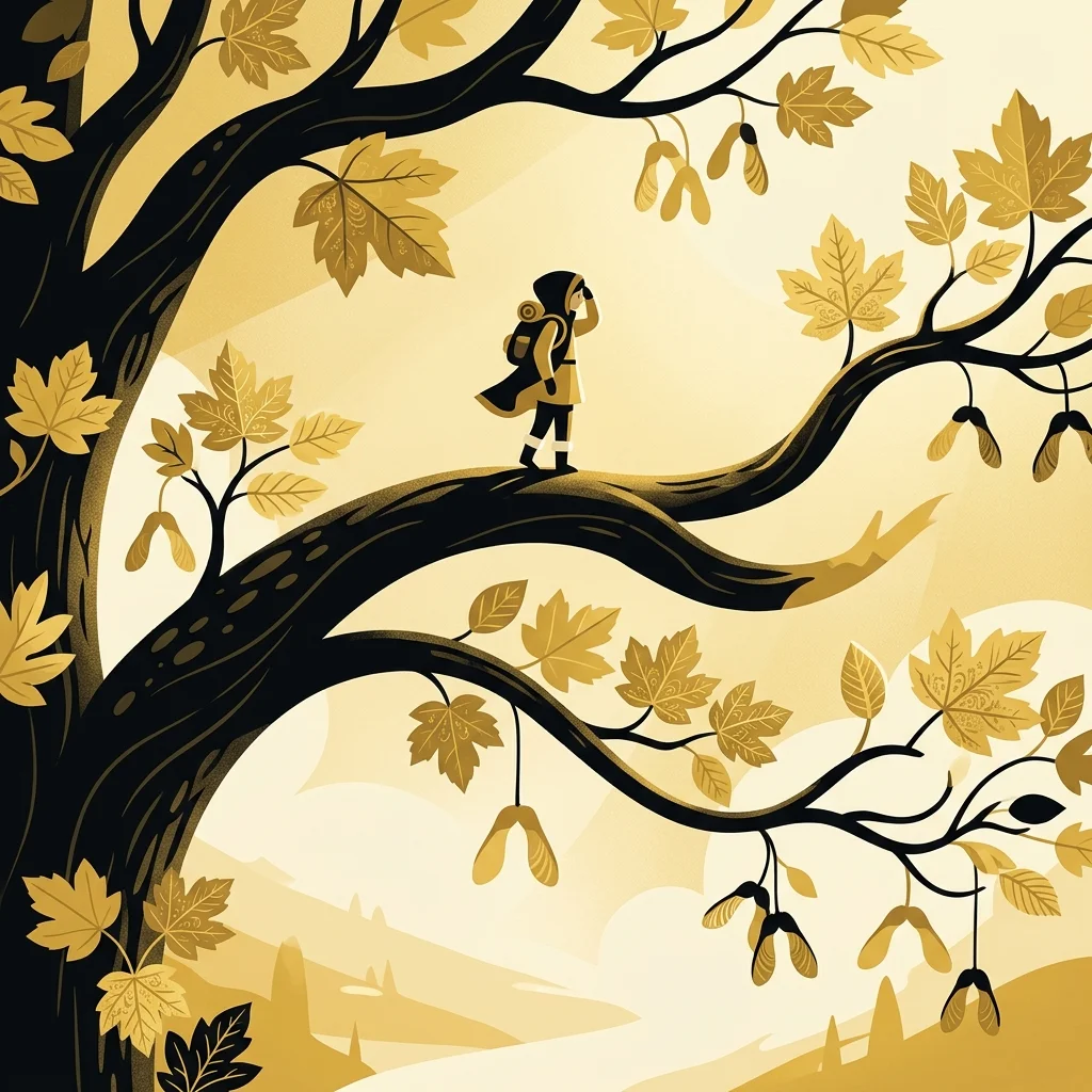 Ilustração cartoon em preto e dourado: Um galho de sicômoro com uma pequena figura observando de cima, luz dourada