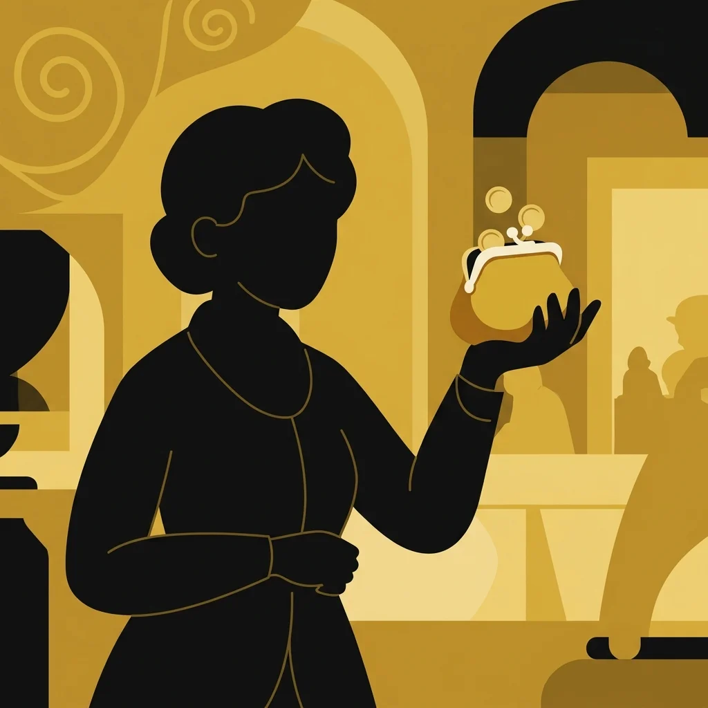 Ilustração cartoon em preto e dourado: Uma silhueta sombria segurando uma pequena bolsa de moedas, contraste dourado e preto