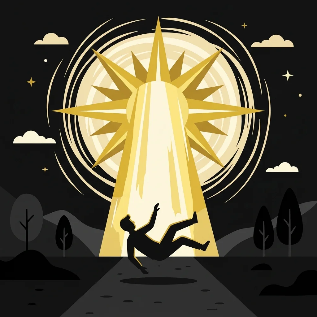 Ilustração cartoon em preto e dourado: Um homem em uma estrada sendo envolvido por uma luz intensa vinda do céu, silhueta caindo