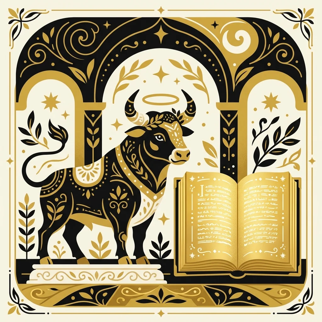 Ilustração cartoon em preto e dourado: Um boi estilizado (símbolo tradicional de Lucas) ao lado de um livro aberto dourado
