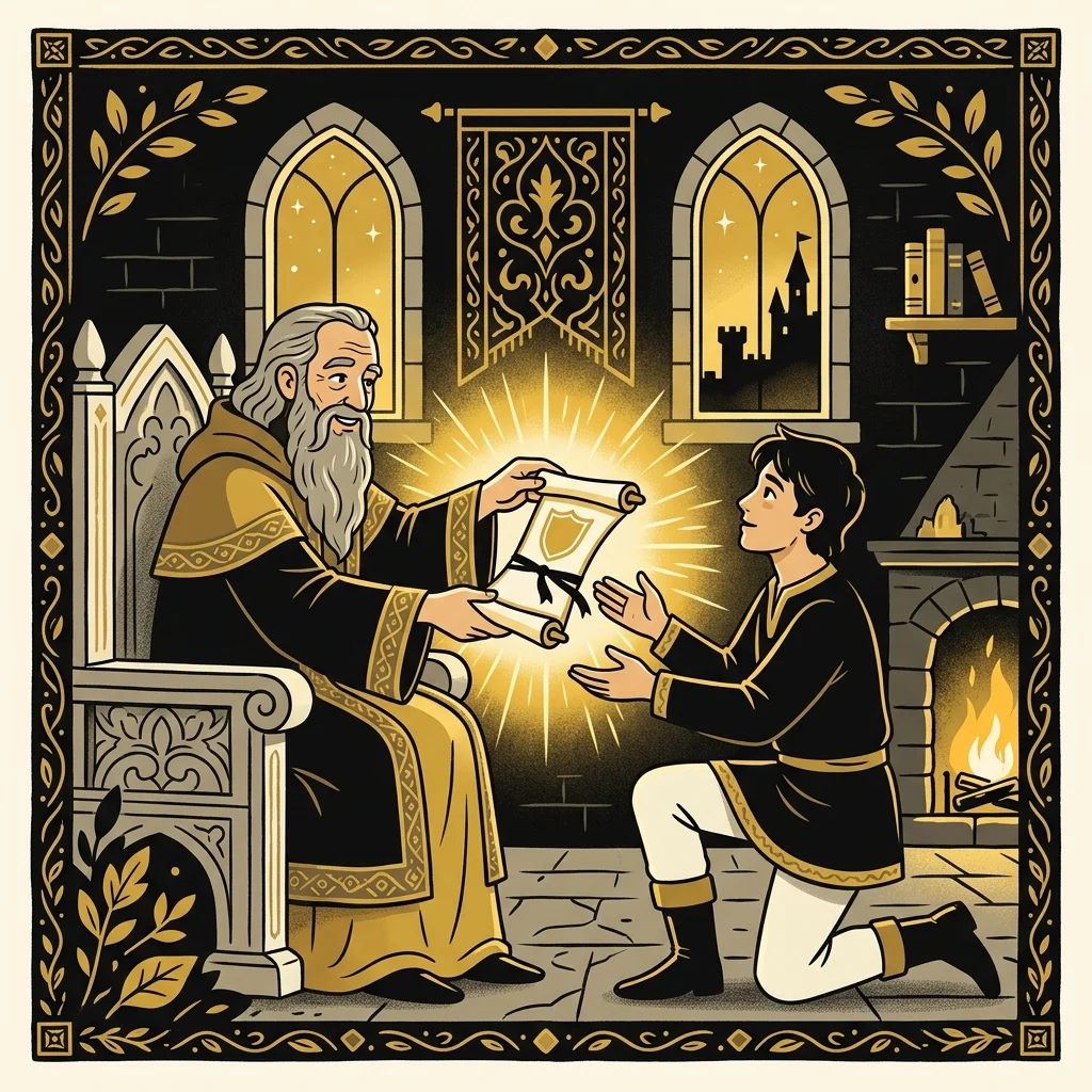 Ilustração cartoon em preto e dourado: Um jovem recebendo um pergaminho das mãos de um ancião, luz dourada entre eles