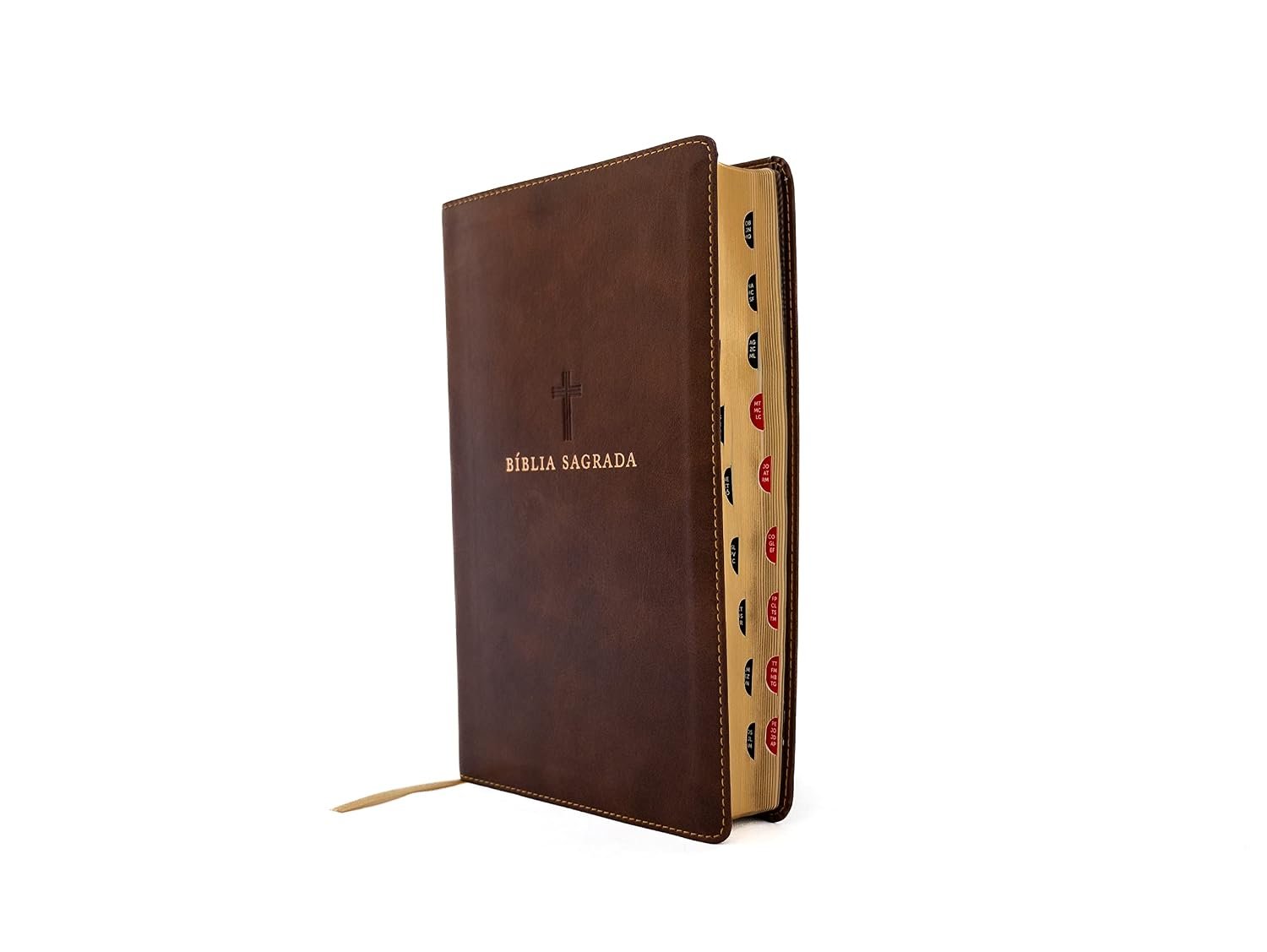 Bíblia NVI Capa Luxo Marrom com Letras de Jesus em Vermelho